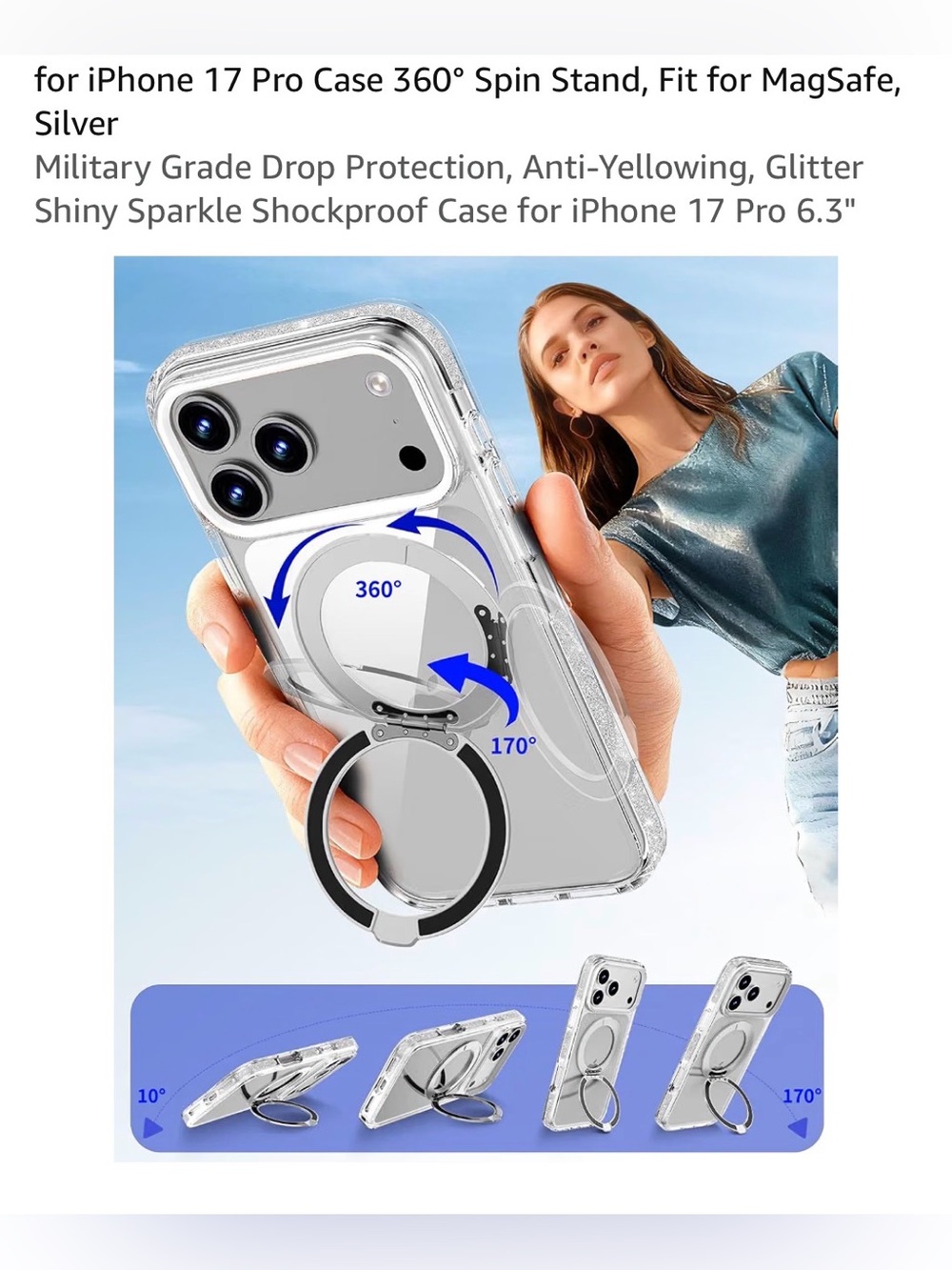 ☎️Clear Glitter iPhone 17 Pro Case with 360° Spin Ring Stand - Silver NEW
